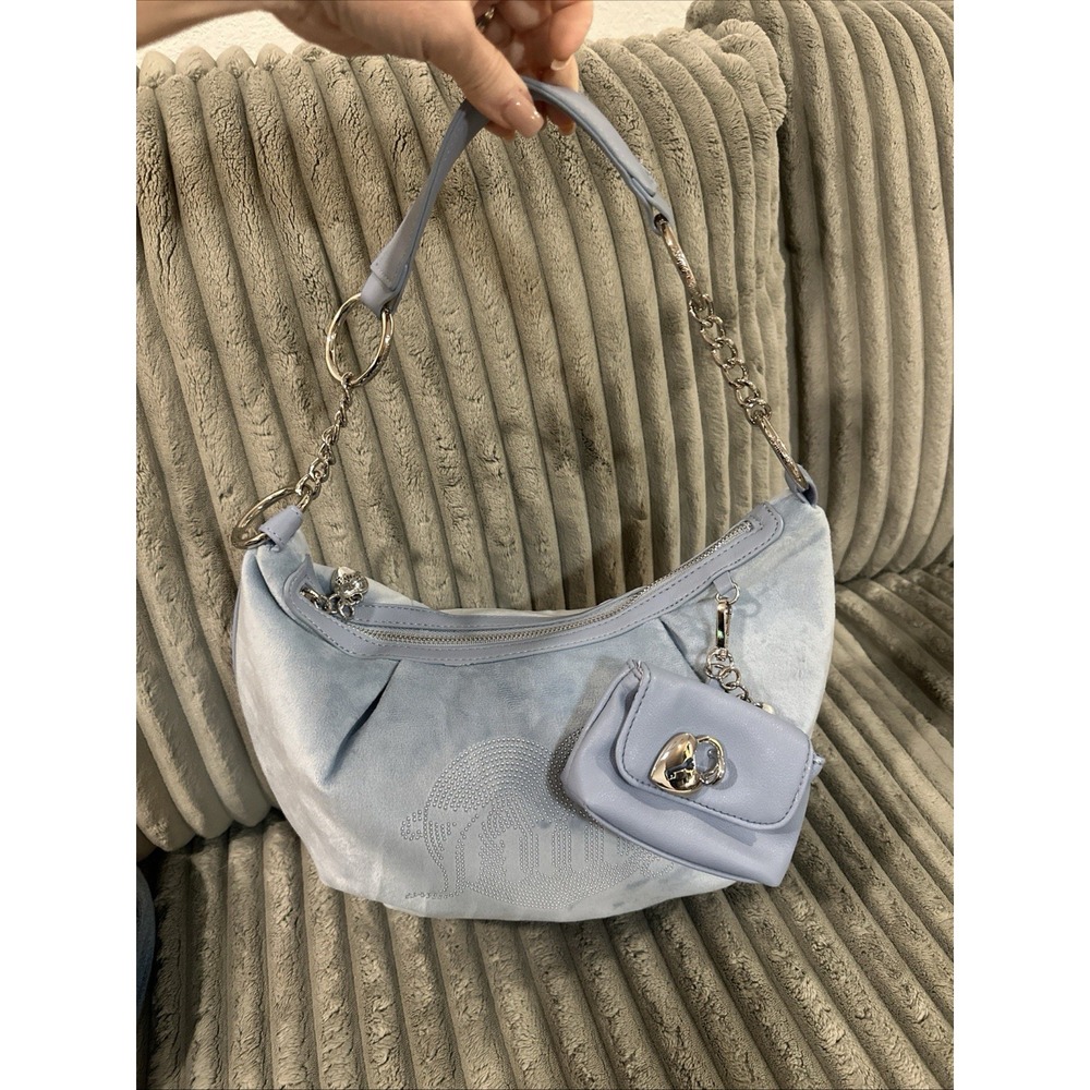 Juicy Couture Queen Couture Hobo Bag  Pouch Dusty Blue Velour Rhinestone Heart